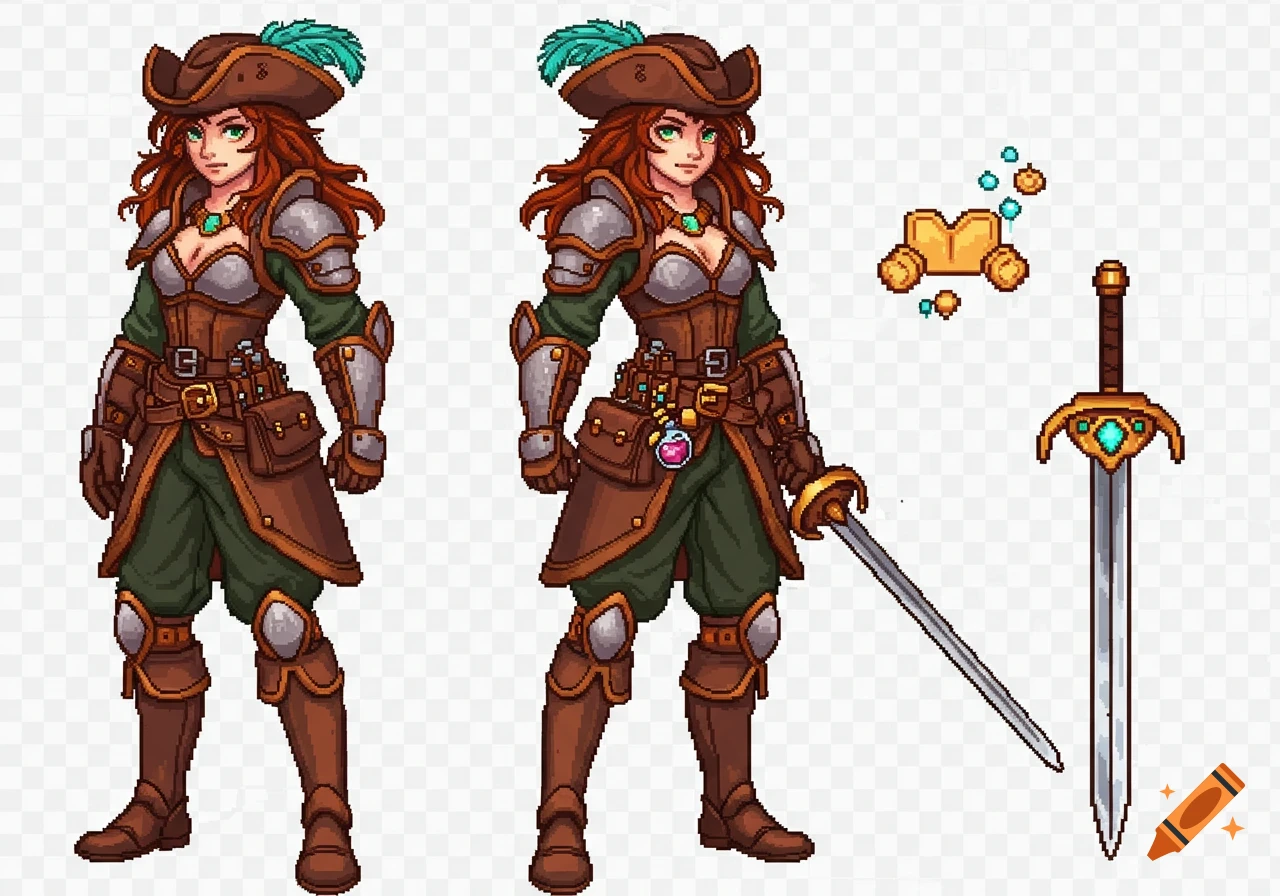 Pixel art of a female fantasy adventurer with red hair, green eyes, wearing brown and green armor, a pirate hat, and holding a sword. Additional game assets like a potion and gold coins are also shown.