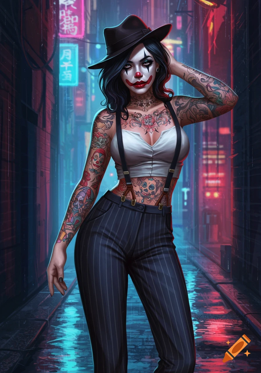 Digital art of a woman with clown makeup, fedora, and full body tattoos, wearing suspenders and pinstripe pants, in a neon-lit alley.