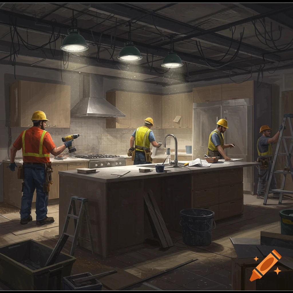 Four construction workers renovating a kitchen, with exposed ceiling, new cabinets, and tools.