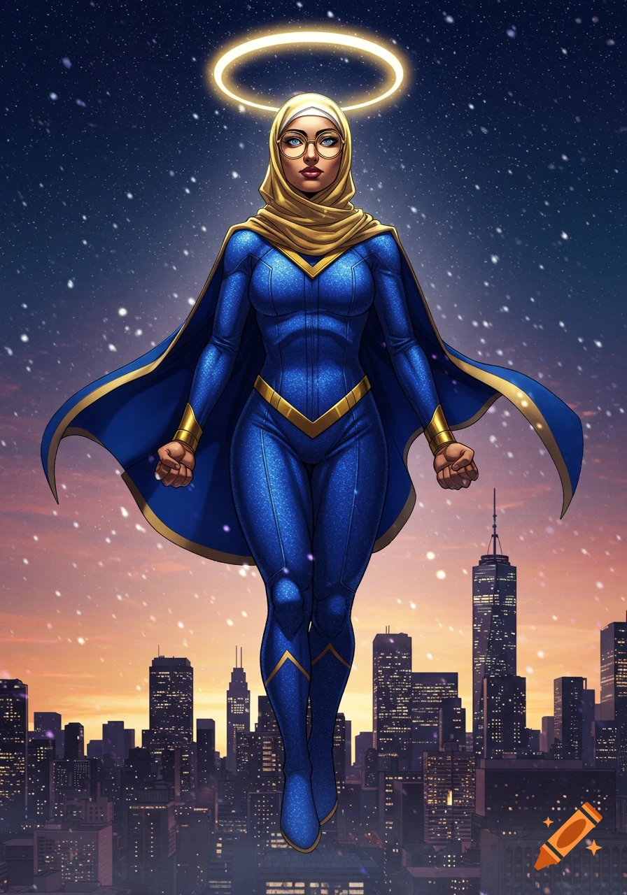 A comic book style superhero in a blue suit, gold hijab, and glasses, floating above a city at night with a halo.