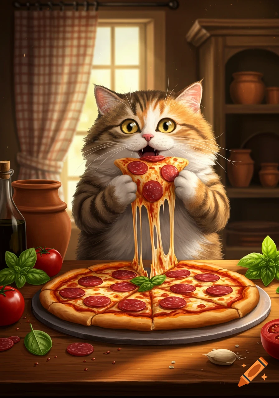 A cute fluffy cat happily eating a slice of pepperoni pizza with stringy cheese in a rustic kitchen.