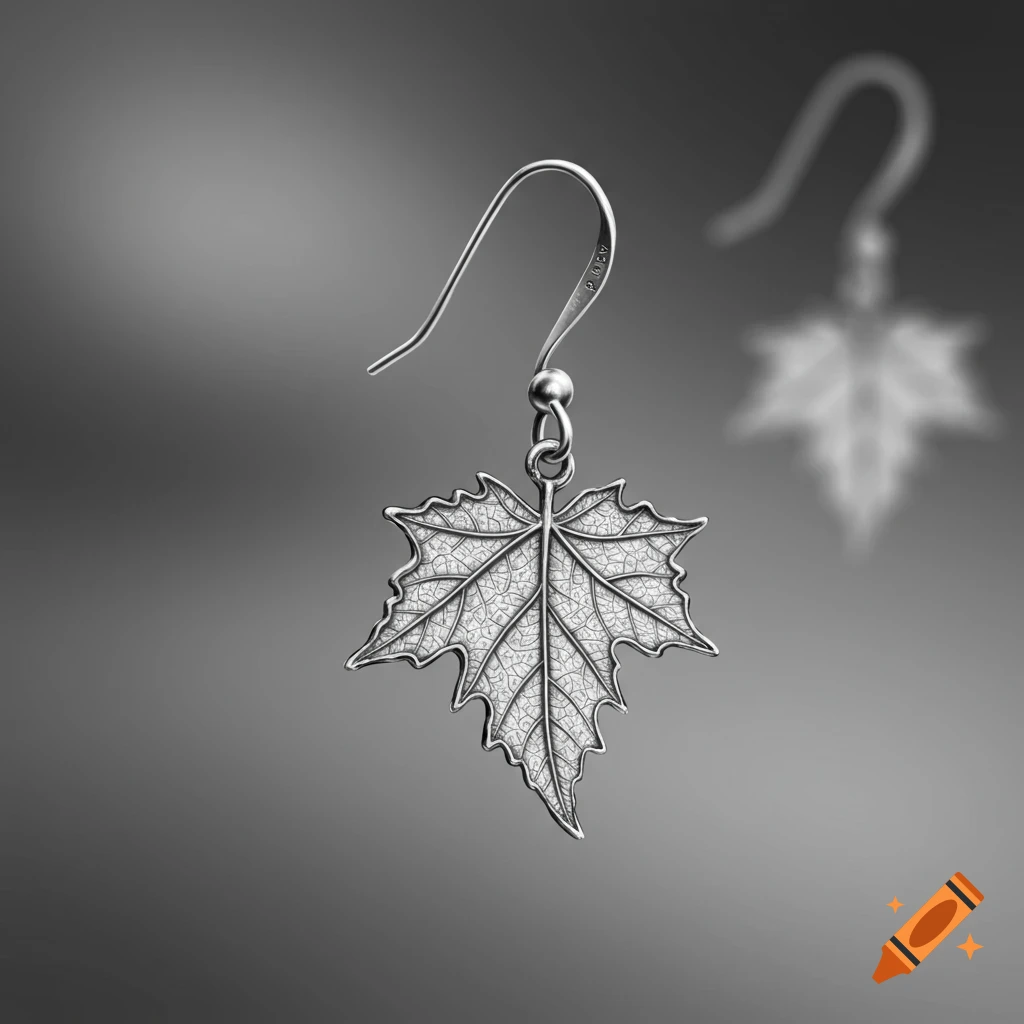 A photorealistic black and white image of a single silver maple leaf earring on a grey background.