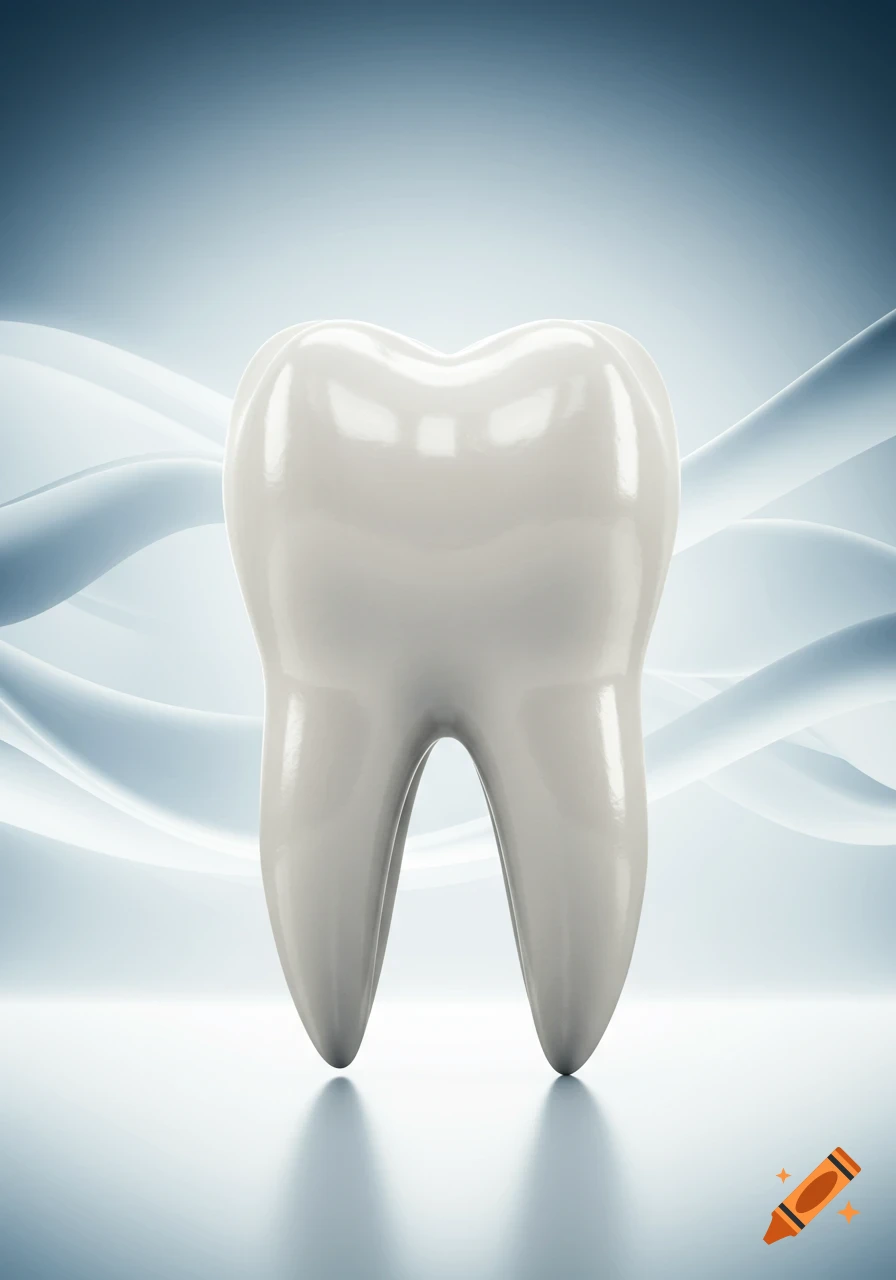 A shiny white tooth stands prominently against a light blue, wavy background.
