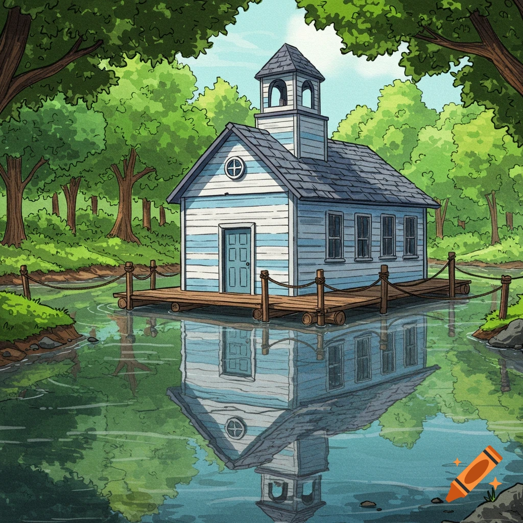 A hand-drawn blue and white school building floating on a calm river, surrounded by lush green trees with its reflection visible in the water.