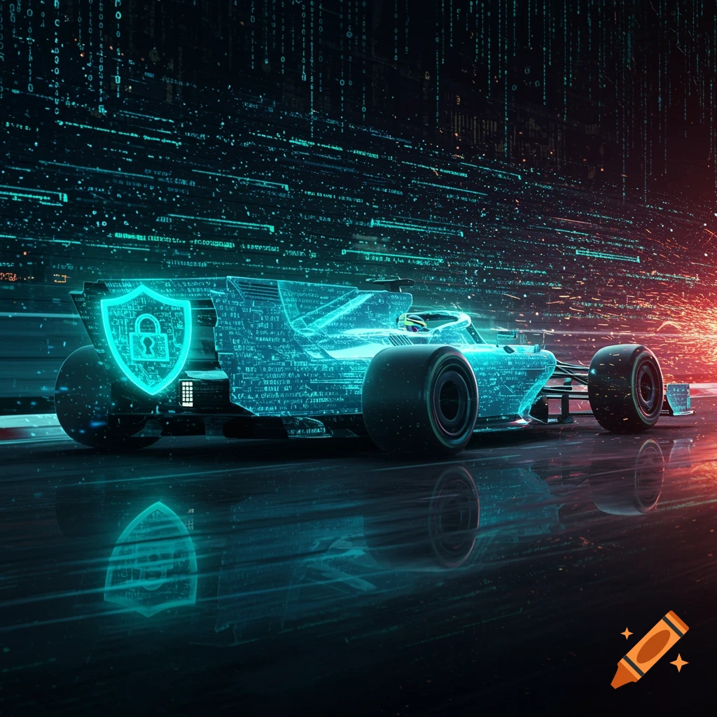 A futuristic F1 race car, glowing with blue digital code and a shield with a padlock icon, speeds on a track with a data stream background.