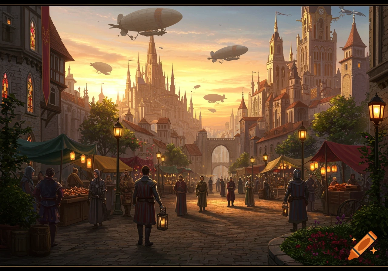 A bustling fantasy city market at sunset with towering castles and airships flying overhead.