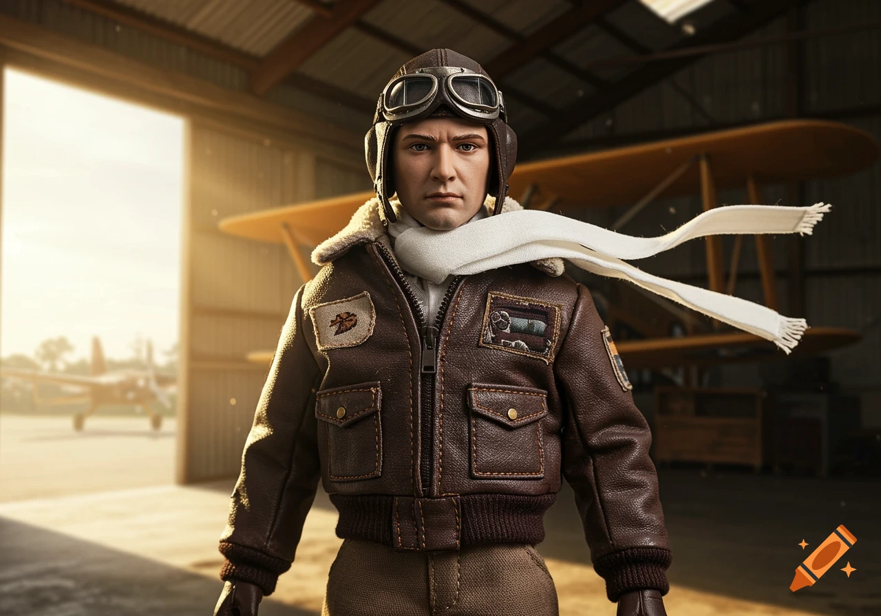 A photorealistic action figure of a 1930s pilot, wearing a brown leather jacket and helmet, standing in a hangar.