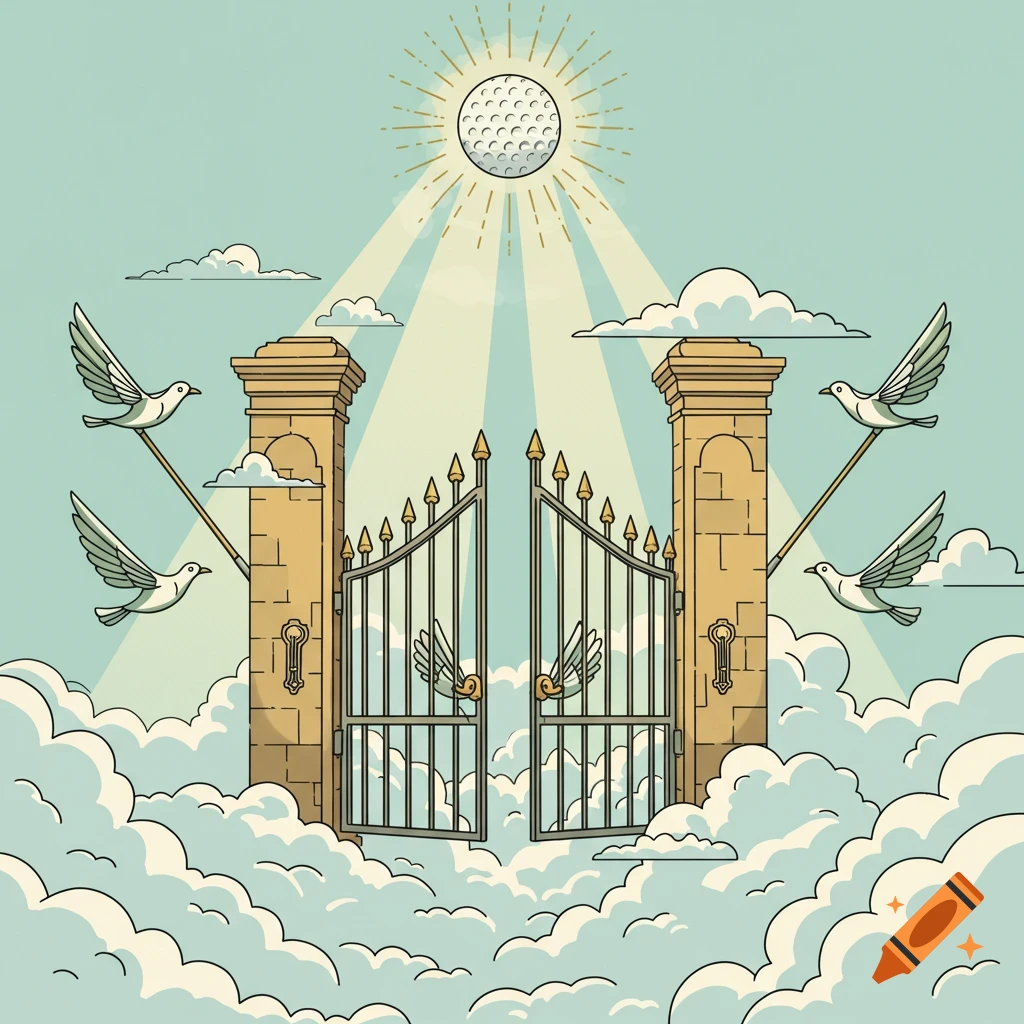 A cartoon illustration of open heavenly gates among clouds. A radiant golf ball shines above, while stylized birds with golf club bodies fly around.
