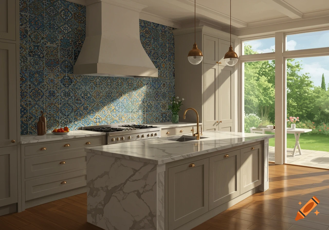 Spacious, modern kitchen with gray cabinets, marble island, patterned tile backsplash, and large windows looking out to a garden, bathed in sunlight.