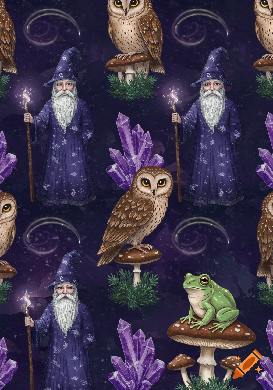 A seamless pattern featuring wizards in purple robes, owls, frogs on mushrooms, and purple crystals against a dark purple, starry background.