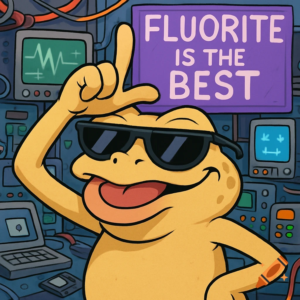 A sand-colored cartoon frog in sunglasses makes an "L" sign on his forehead in a cluttered computer lab, with a sign reading "FLUORITE IS THE BEST".
