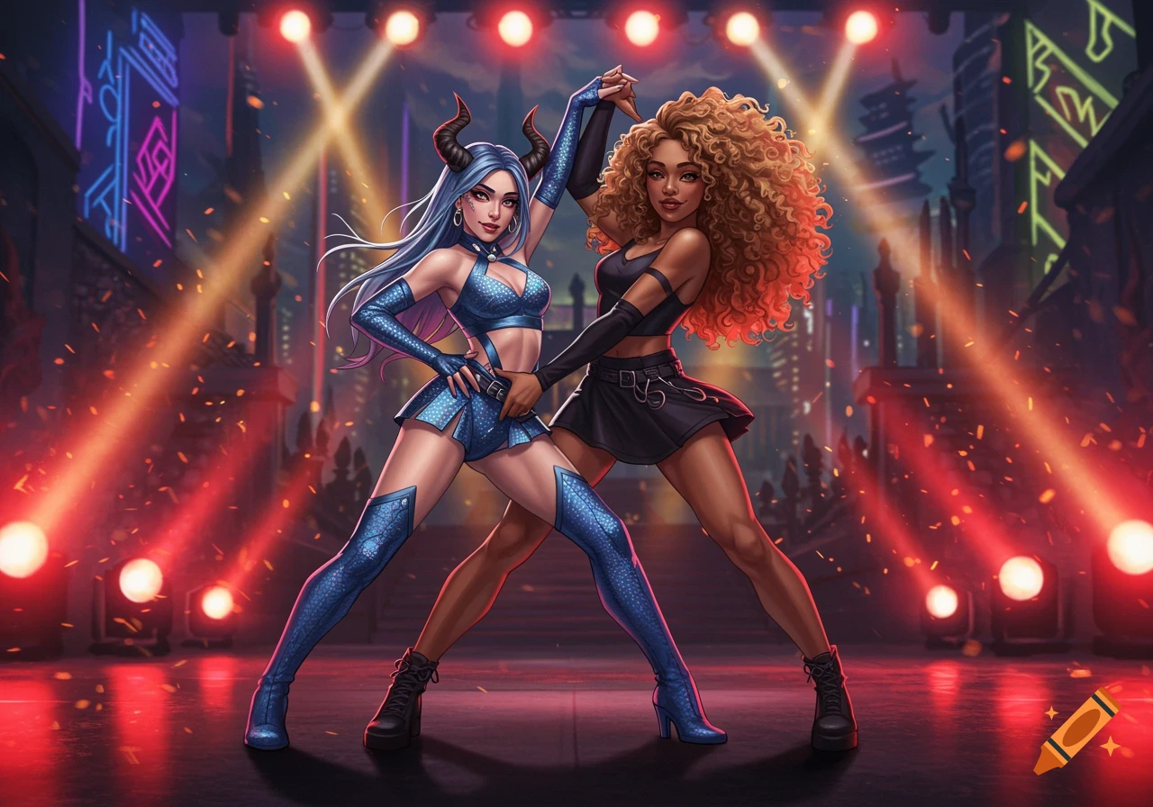 Two stylized female dancers, one with blue hair and horns, the other with curly brown hair, on a stage with spotlights and a futuristic city background.