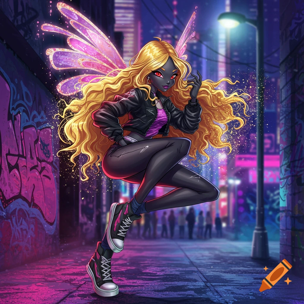 An anime-style black fairy with blonde curls and red eyes, wearing a street wear outfit, crouching on a graffiti-covered urban street at night.