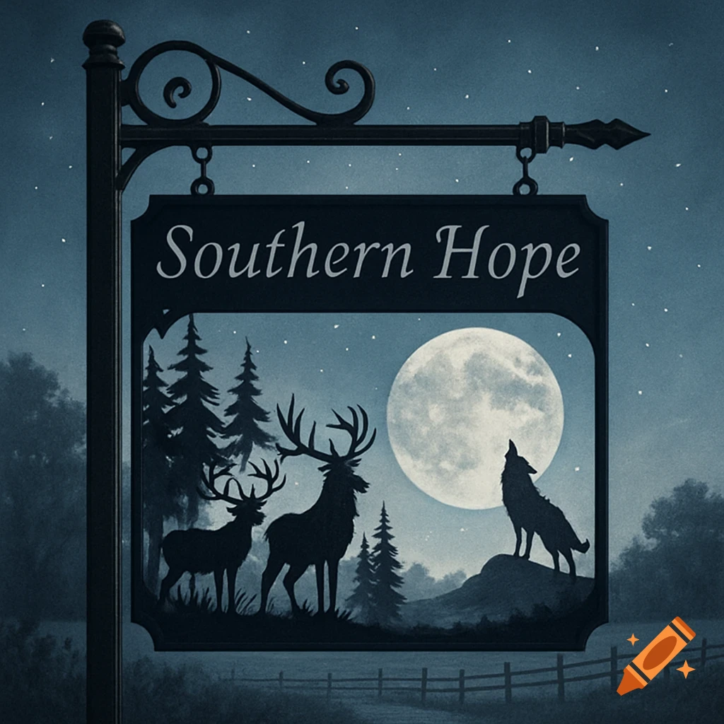 A hanging sign at night reads 'Southern Hope' with silhouettes of two elk, a wolf howling at a large full moon, and pine trees.