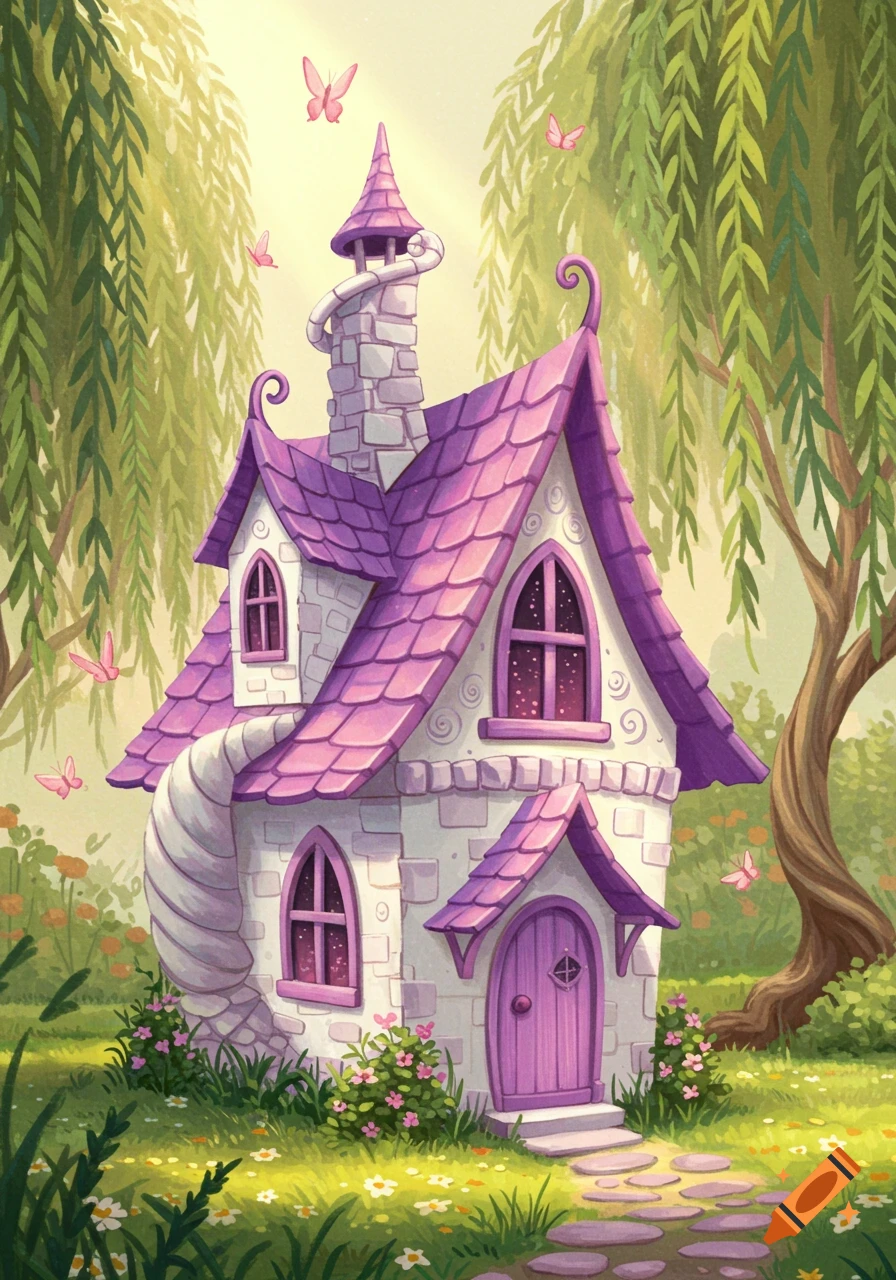 A whimsical house with a purple roof and stone walls, surrounded by green willow trees, flowers, and pink butterflies, in an illustrative style.