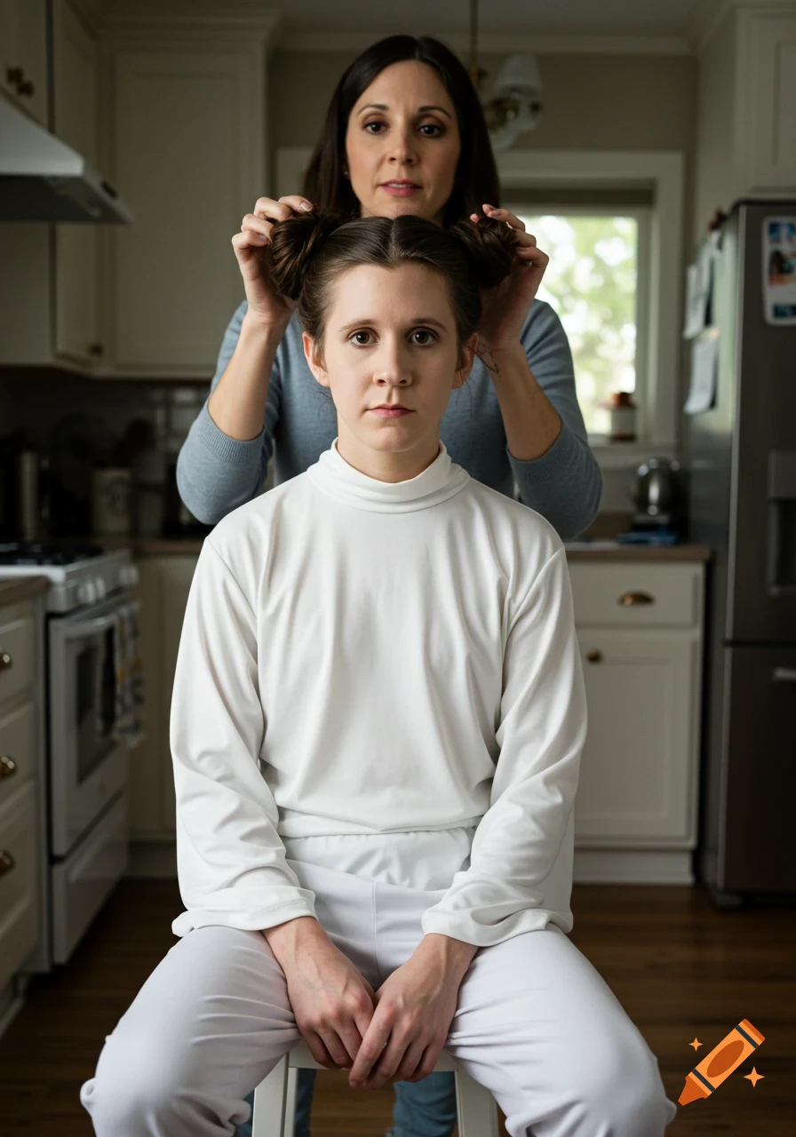 A woman styles another person's hair into Princess Leia buns in a kitchen.