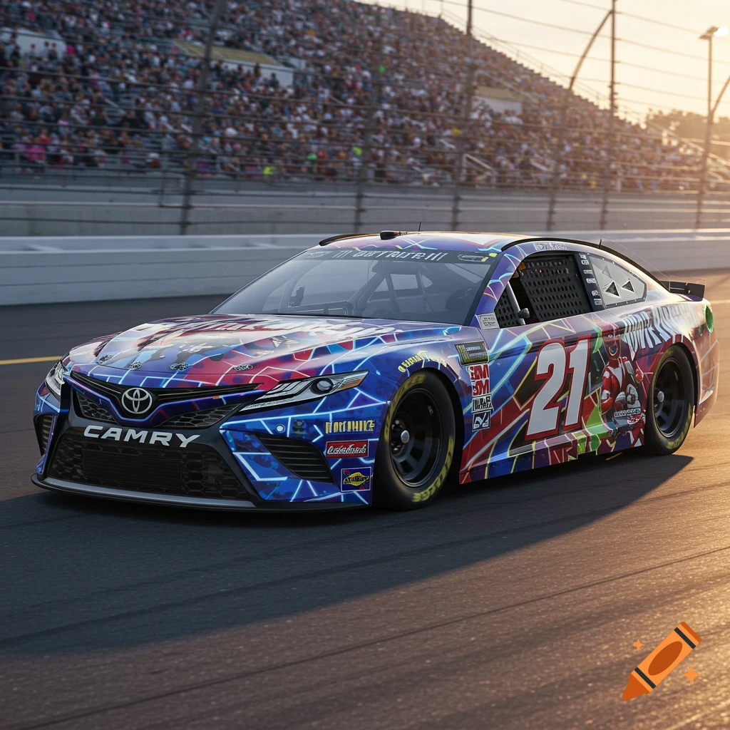 A vibrant NASCAR Toyota Camry race car with a Power Rangers and Fortnite paint scheme on a track with a stadium crowd at sunset.