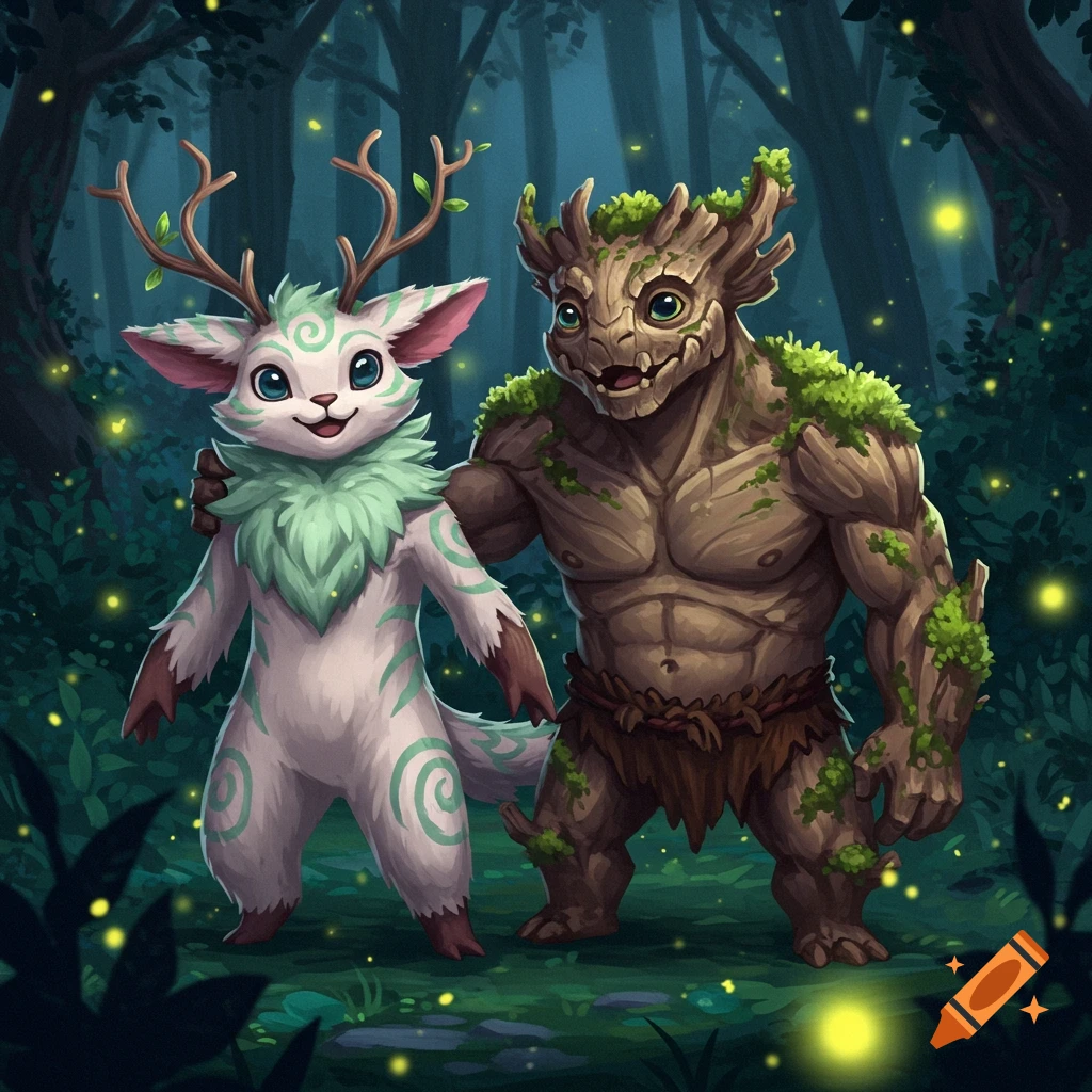 A cute deer-like creature and a tree-like creature stand arm-in-arm in a dark forest lit by fireflies, in an illustration style.