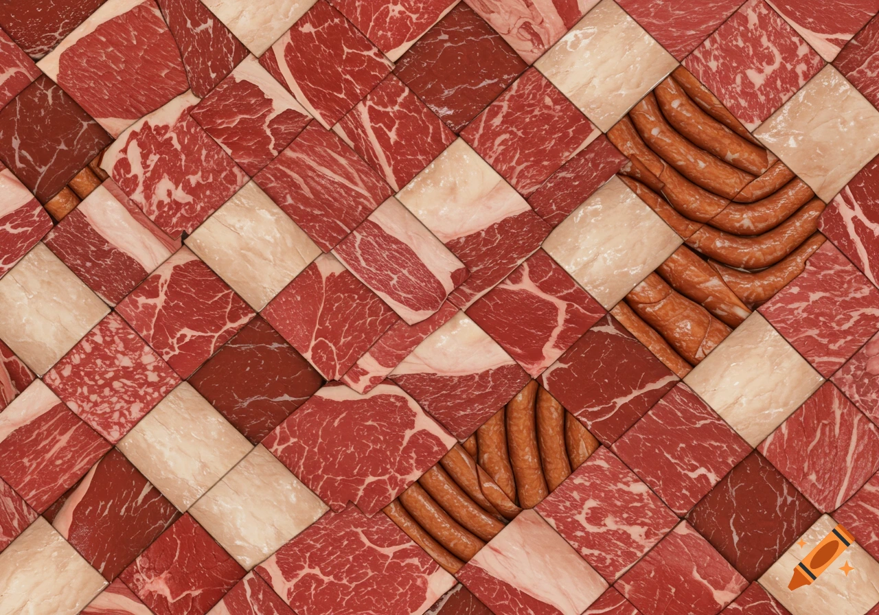 Photorealistic image of a woven pattern made of raw red meat, fat, and sausages.