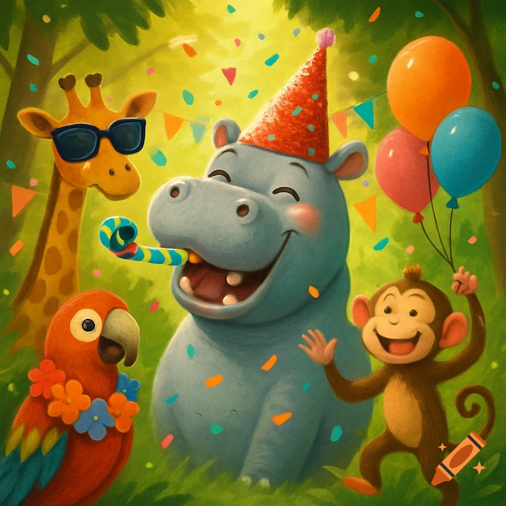 A cheerful cartoon hippo, giraffe, monkey, and parrot celebrate a birthday party in the jungle with confetti and balloons.