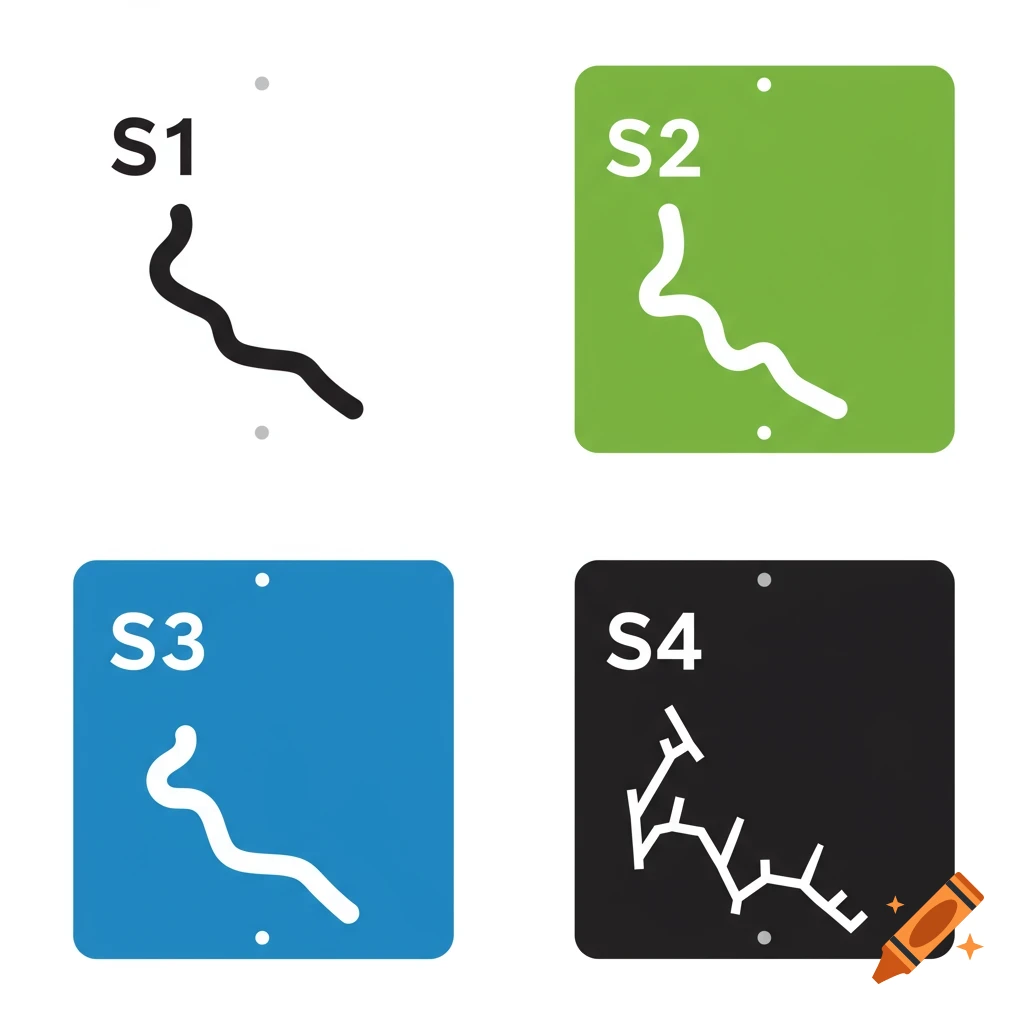 A grid of four minimalist trail signs with wavy or jagged lines, labeled S1, S2, S3, S4, on white, green, blue, and black backgrounds.