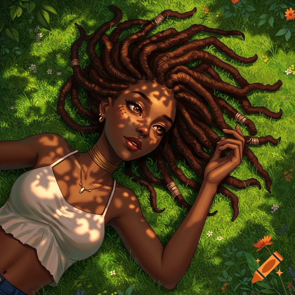 An anime-style dark-skinned girl with long dreadlocks lies on vibrant green grass, bathed in dappled sunlight.