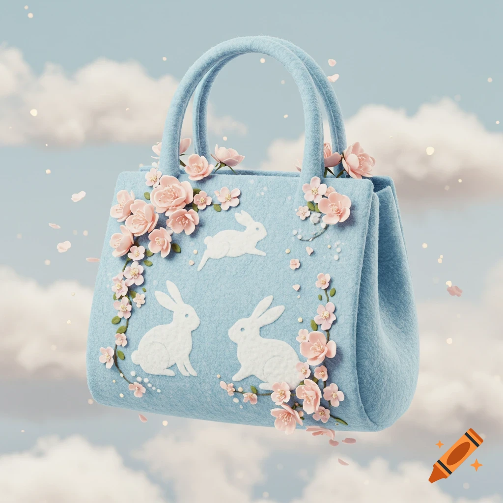 A soft light blue felt handbag decorated with white bunnies and pink cherry blossoms, floating among clouds.