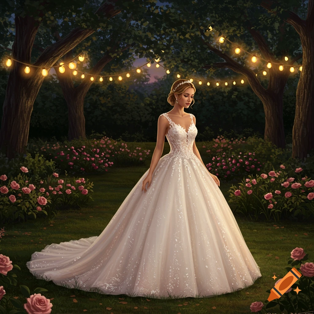 Woman in a white ballgown wedding dress standing in a moonlit garden with pink roses and trees strung with lights.