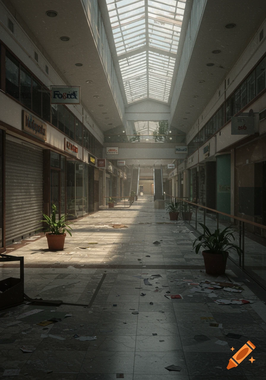 An abandoned mall hallway with closed storefronts, debris on the floor, and light streaming through the skylight.