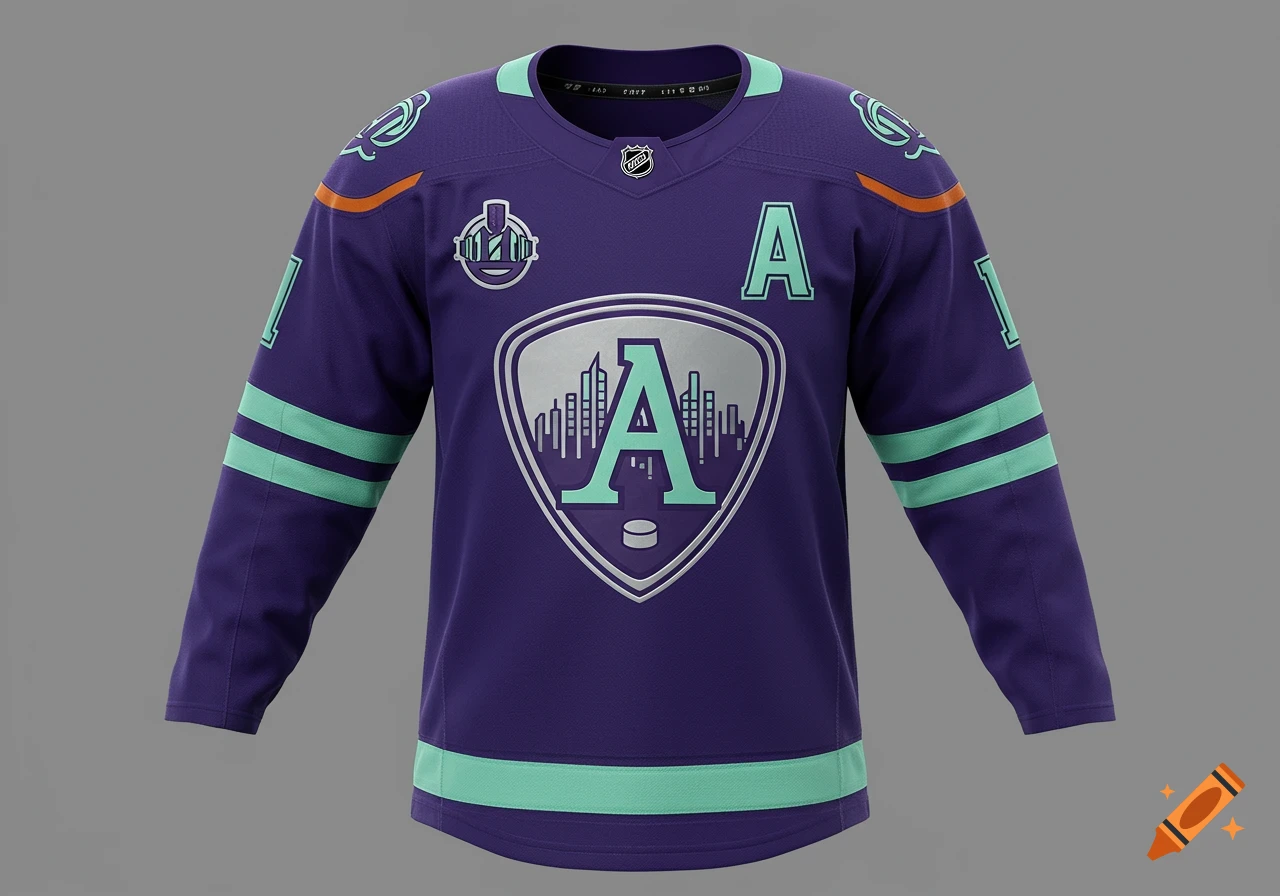 A photorealistic purple hockey jersey with mint green and silver accents, featuring a stylized 'A' shield logo on the chest and an 'A' on the sleeve.