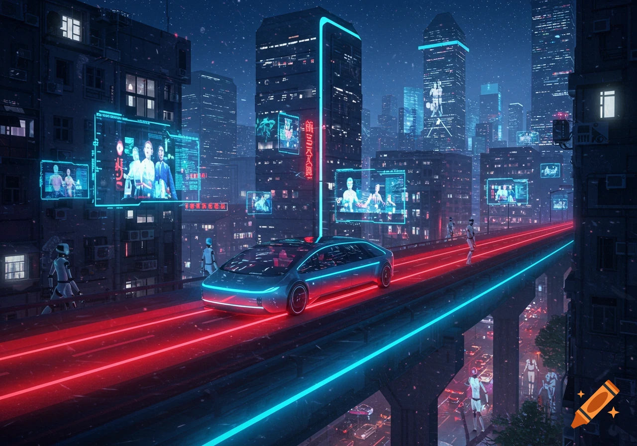 A vibrant cyberpunk city at night with neon lights, futuristic vehicles on a raised highway, and humanoid robots.
