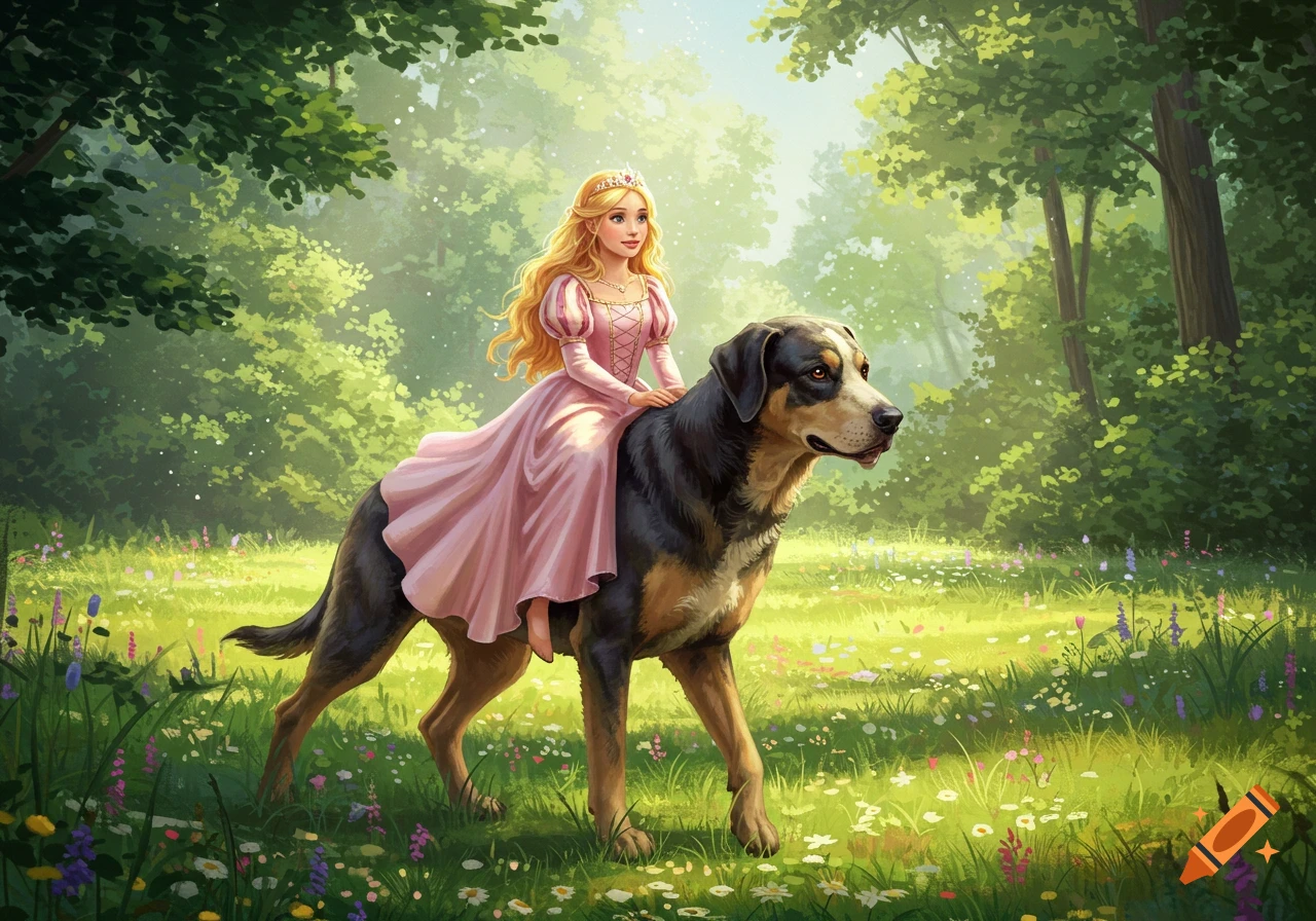 A blonde princess in a pink dress rides a large dog through a sunny, flower-filled forest clearing in an illustrated style.