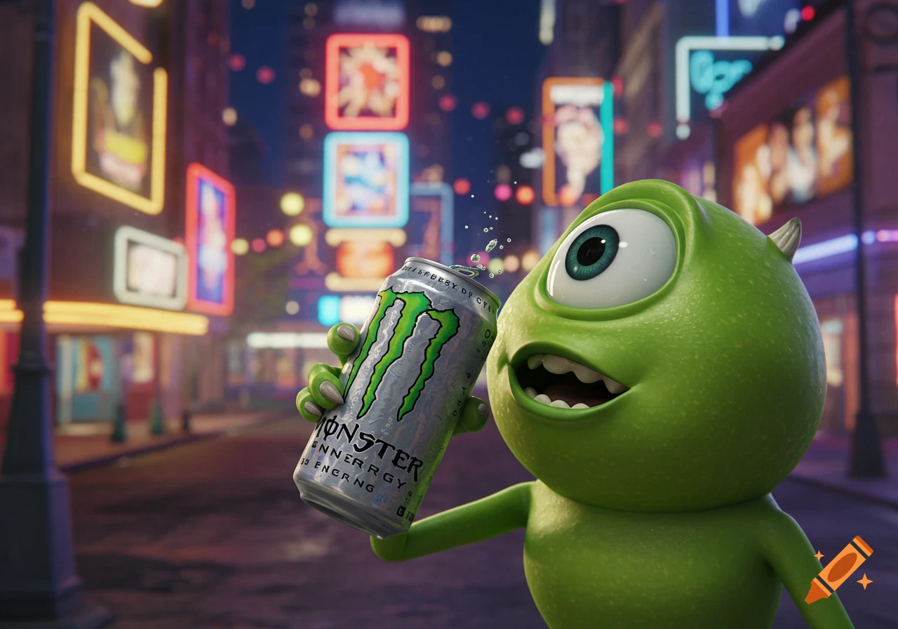 Mike Wazowski from Monsters Inc. holds a Monster Energy drink can on a vibrant city street at night, with liquid splashing from the can.