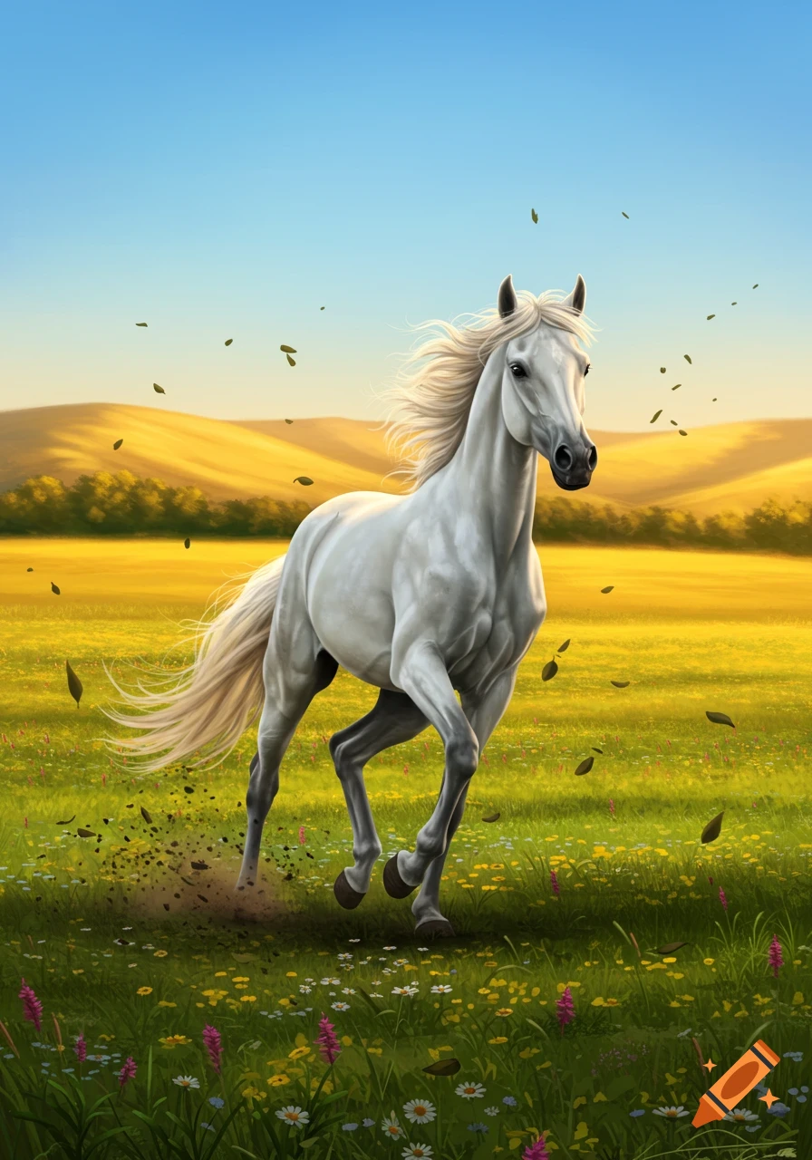 A white horse gallops through a green field of wildflowers under a blue sky, with golden hills in the background. Digital art.
