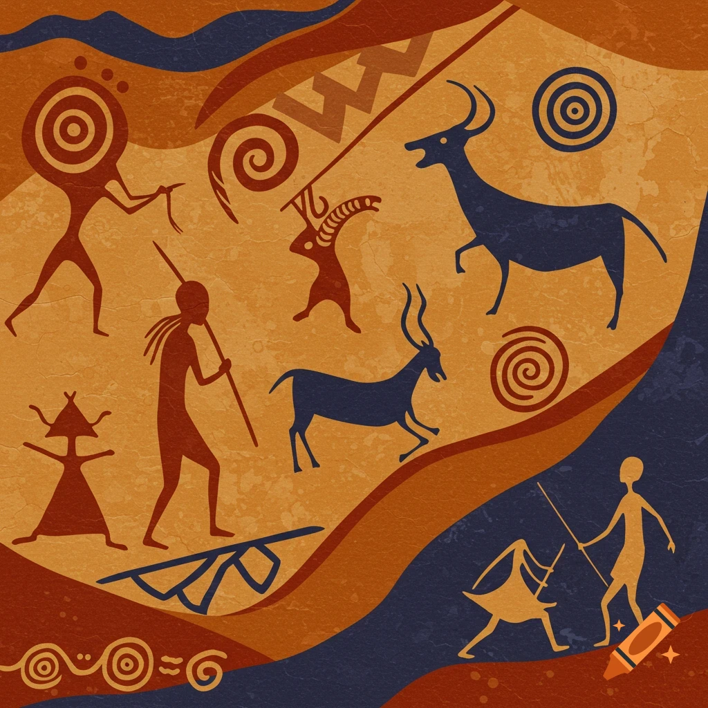 Stylized primitive art with figures of people holding spears and various animals, on an earthy textured background with wavy patterns.