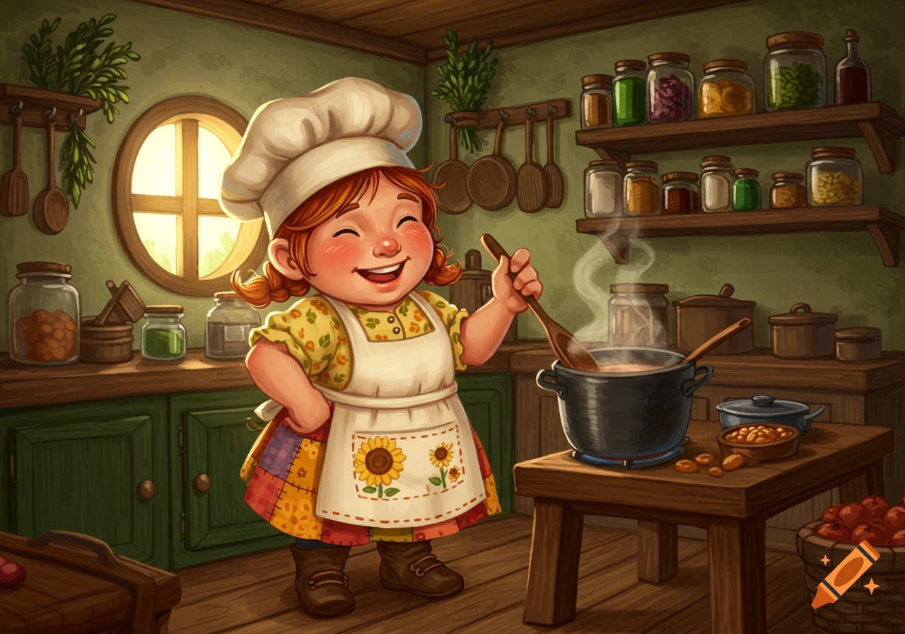 A cheerful, cartoon-style female gnome chef stirs a pot in a cozy kitchen filled with jars and cooking utensils.