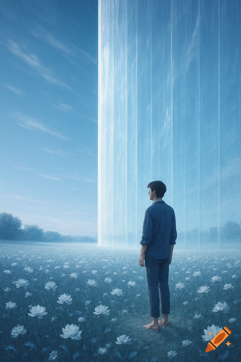 A person stands barefoot in a field of white flowers, looking at a towering, translucent blue structure under a light blue sky. Dreamlike style.