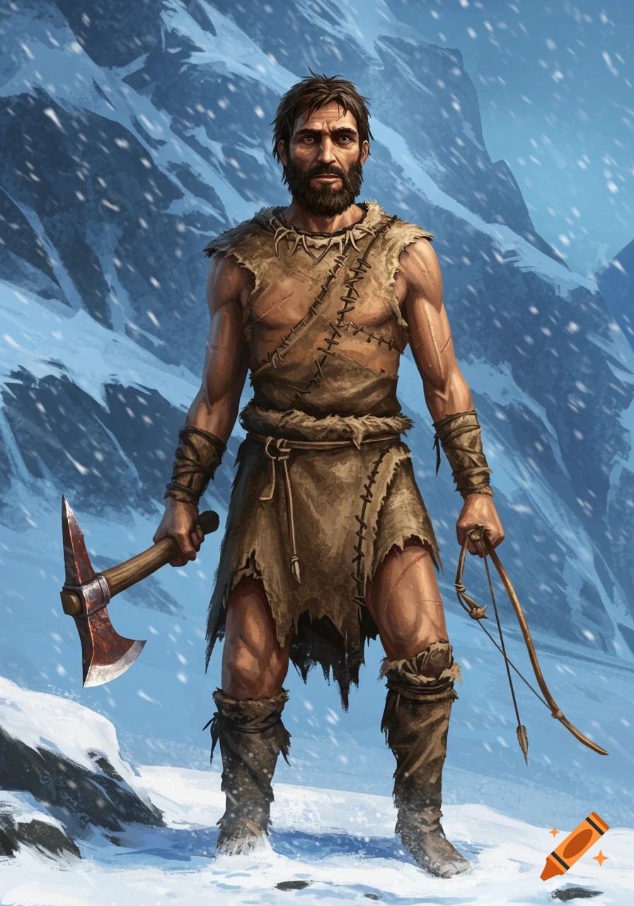 A rugged, bearded man in primitive animal hide clothing, holding an axe and a bow, stands in snowy mountains in a digital painting.