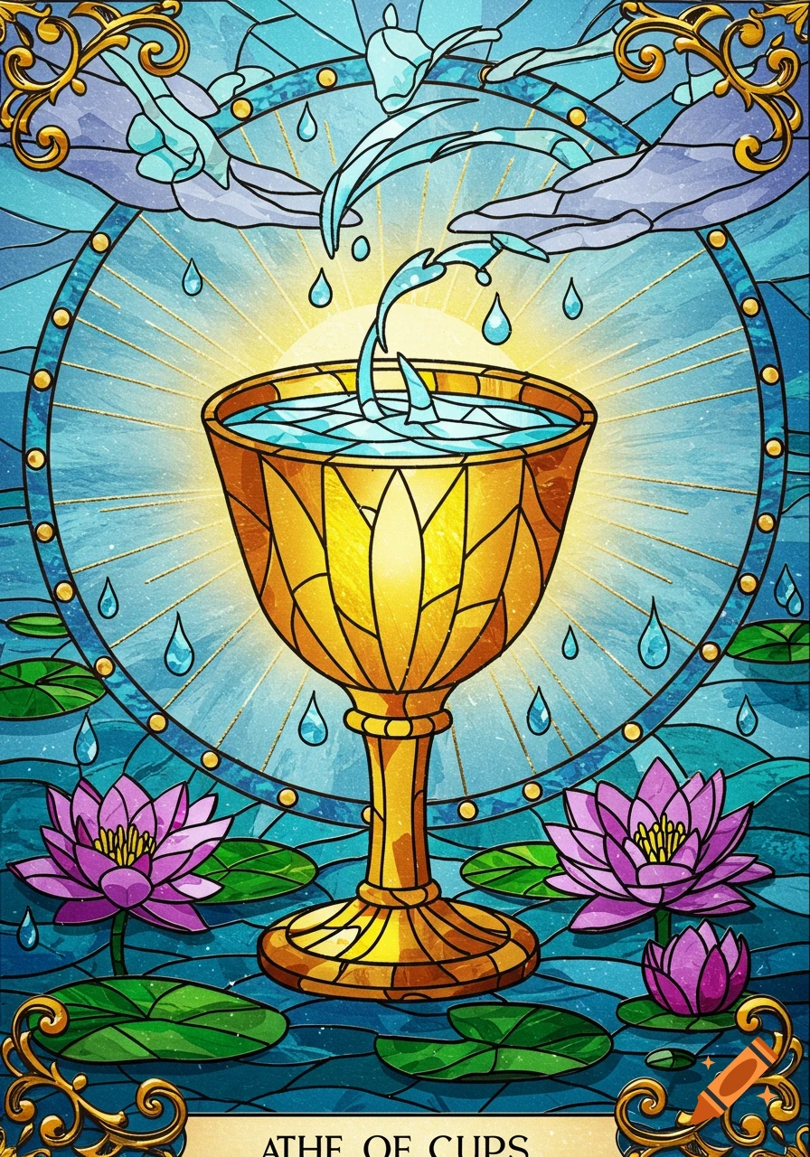 Stained glass art of a golden chalice overflowing with water, with hands pouring water and lotus flowers, in the style of a tarot card.
