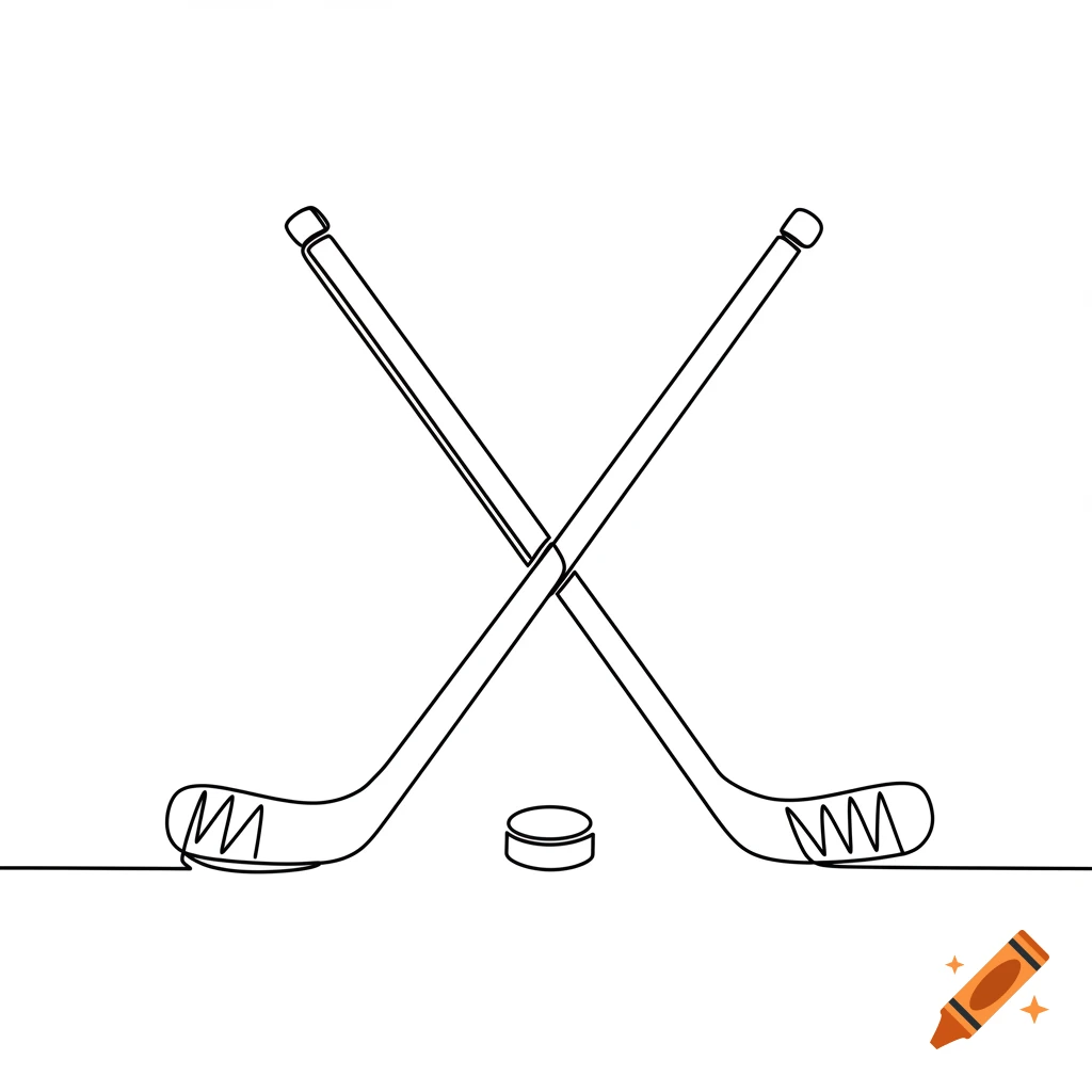 Two crossed hockey sticks and a puck in a black continuous line drawing on a white background.