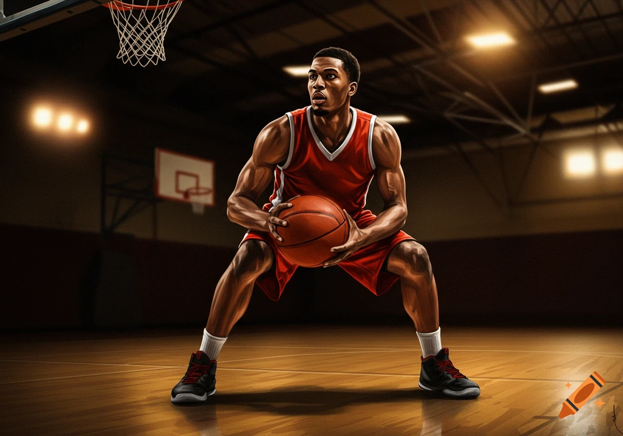 A male basketball player in a red uniform crouches with a ball on a court.