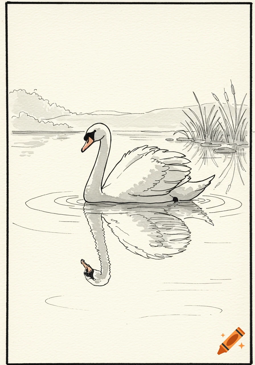 A white swan floats on water with its reflection visible, in a black and white line drawing style.