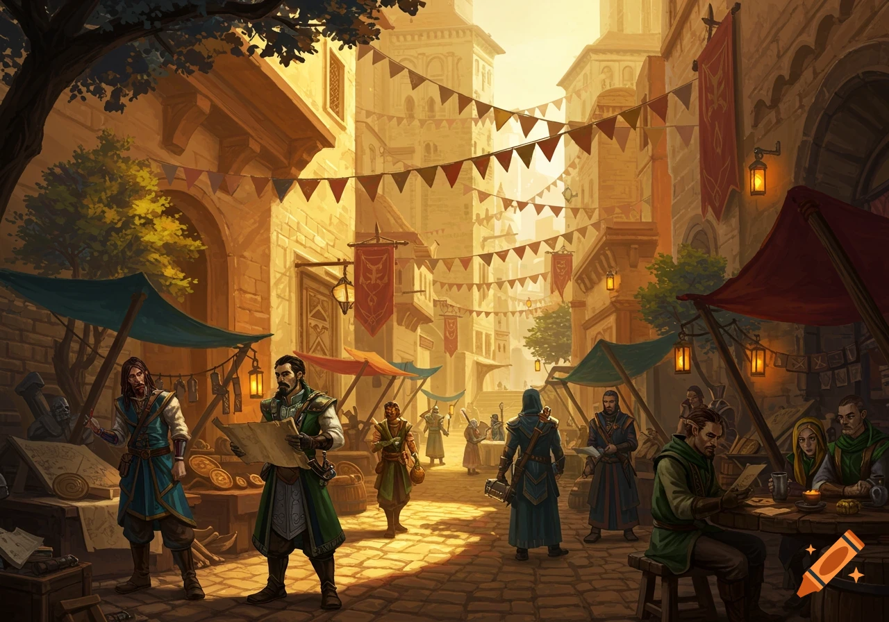 A bustling fantasy marketplace with medieval-dressed people, market stalls, and banners under a warm, golden sky.