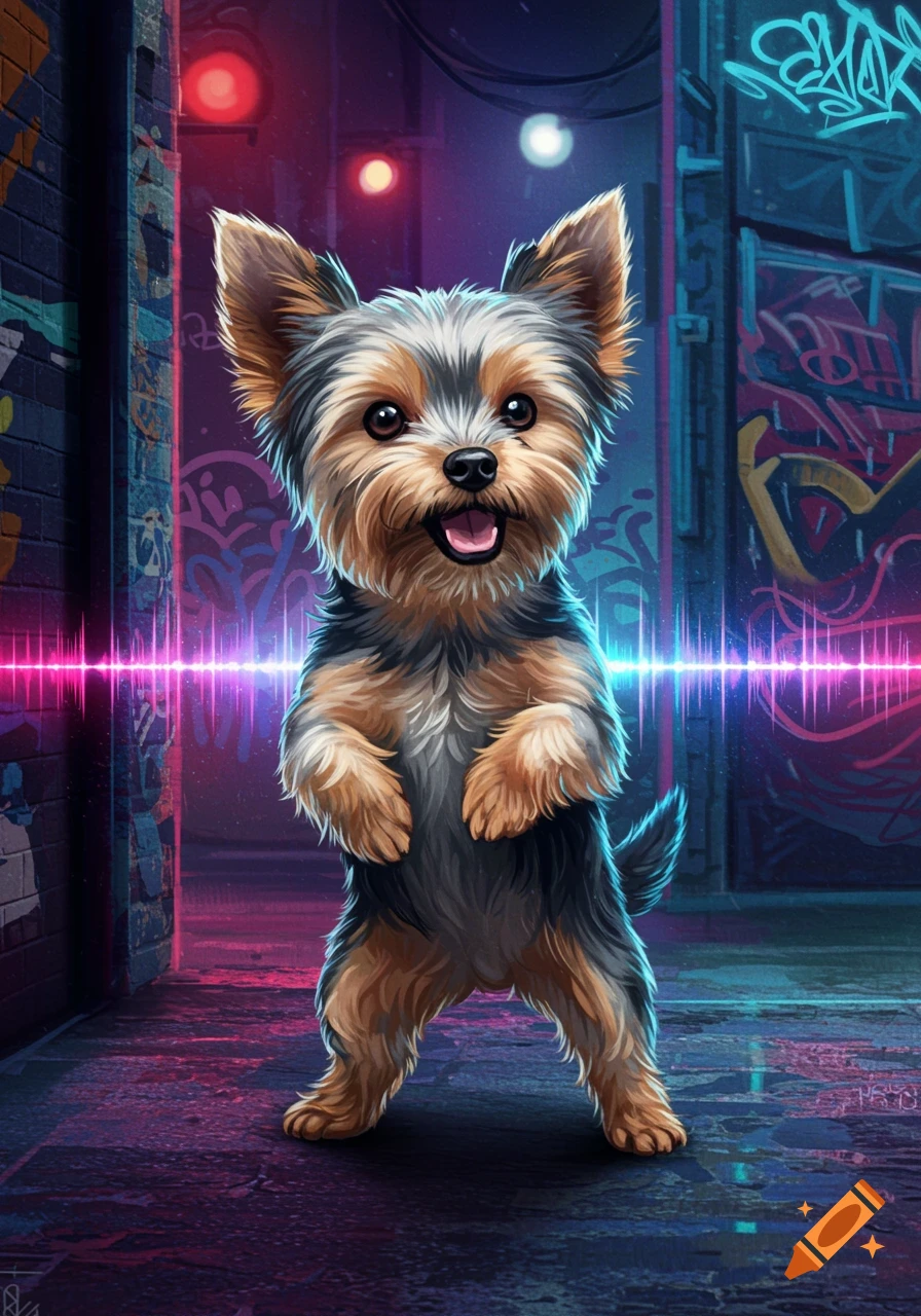 A cute, stylized Yorkie dog stands on its hind legs in a dark, neon-lit urban alleyway with graffiti, pink and blue sound waves.