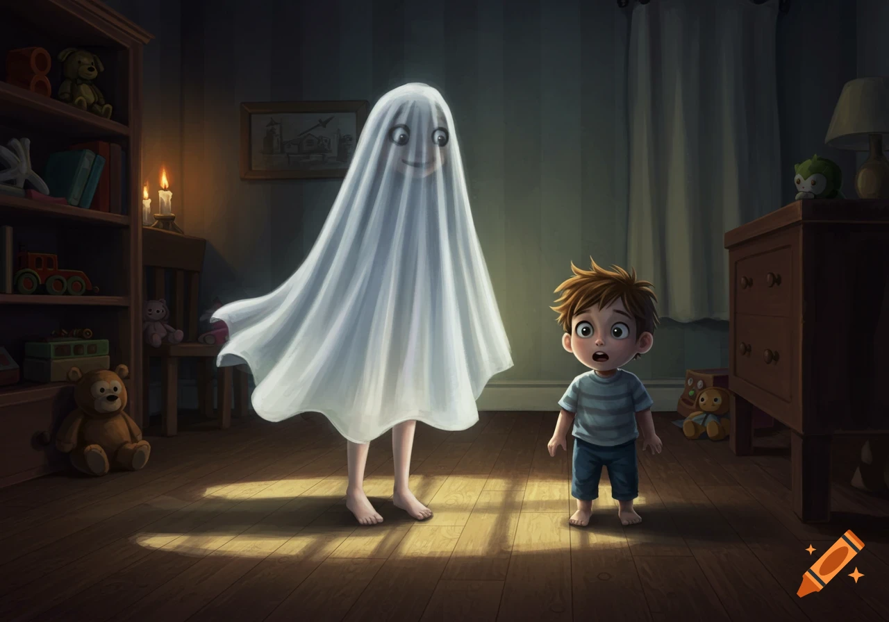 A young child looks surprised at a figure in a white ghost sheet with visible eyes and a smile, in a dimly lit room.