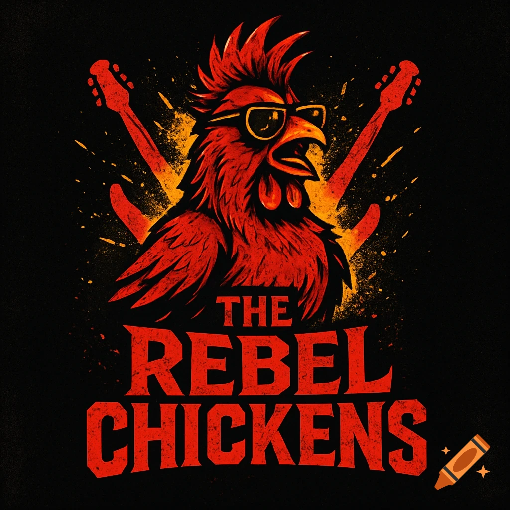 A grunge-style red chicken with a mohawk and sunglasses, with guitar necks behind it, and the text 'The Rebel Chickens'.