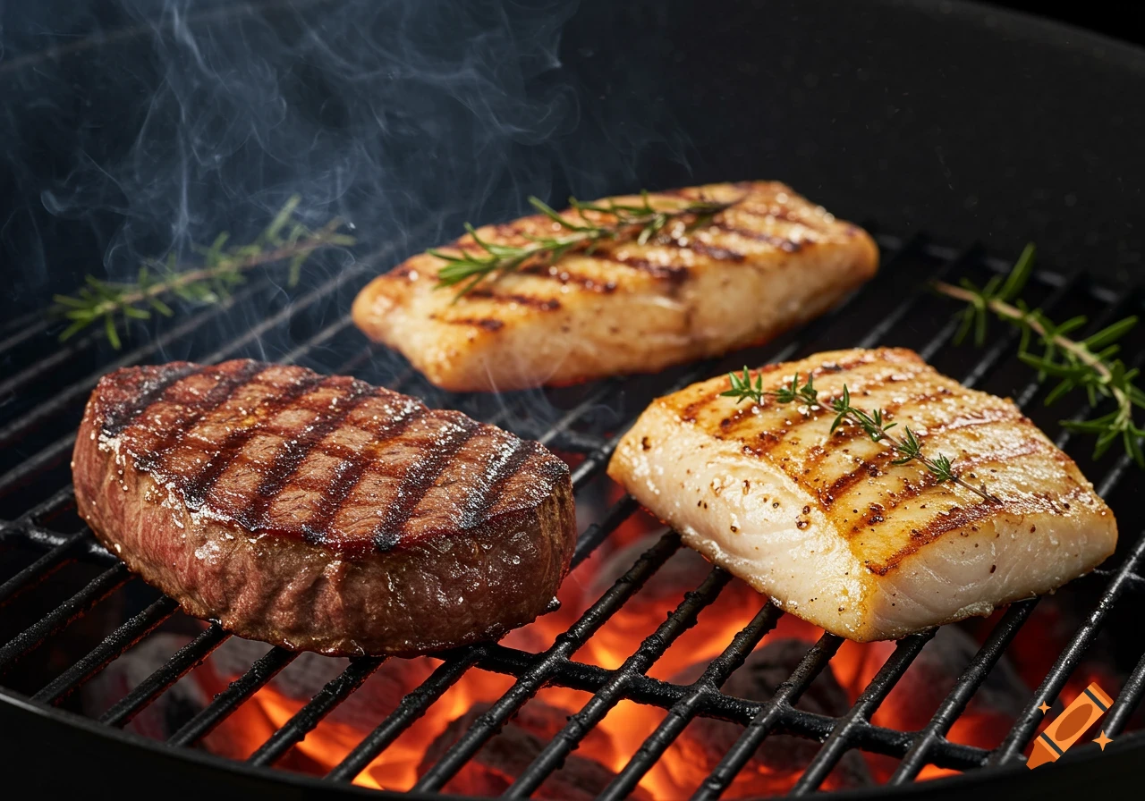 A photorealistic image of a steak and two pieces of fish cooking on a hot charcoal grill, with smoke rising.