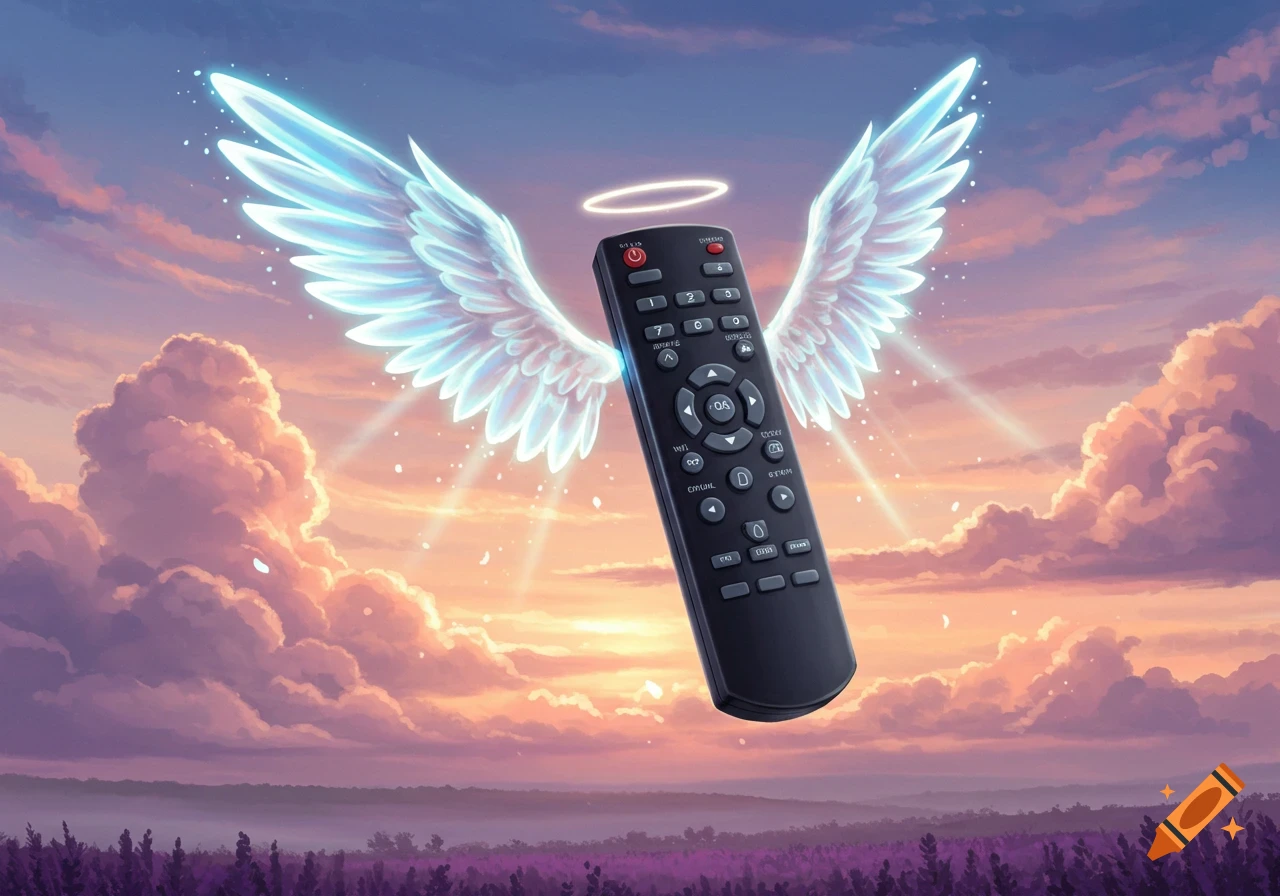 A remote control with glowing angel wings and a halo floats in a vibrant purple and orange sky with clouds.
