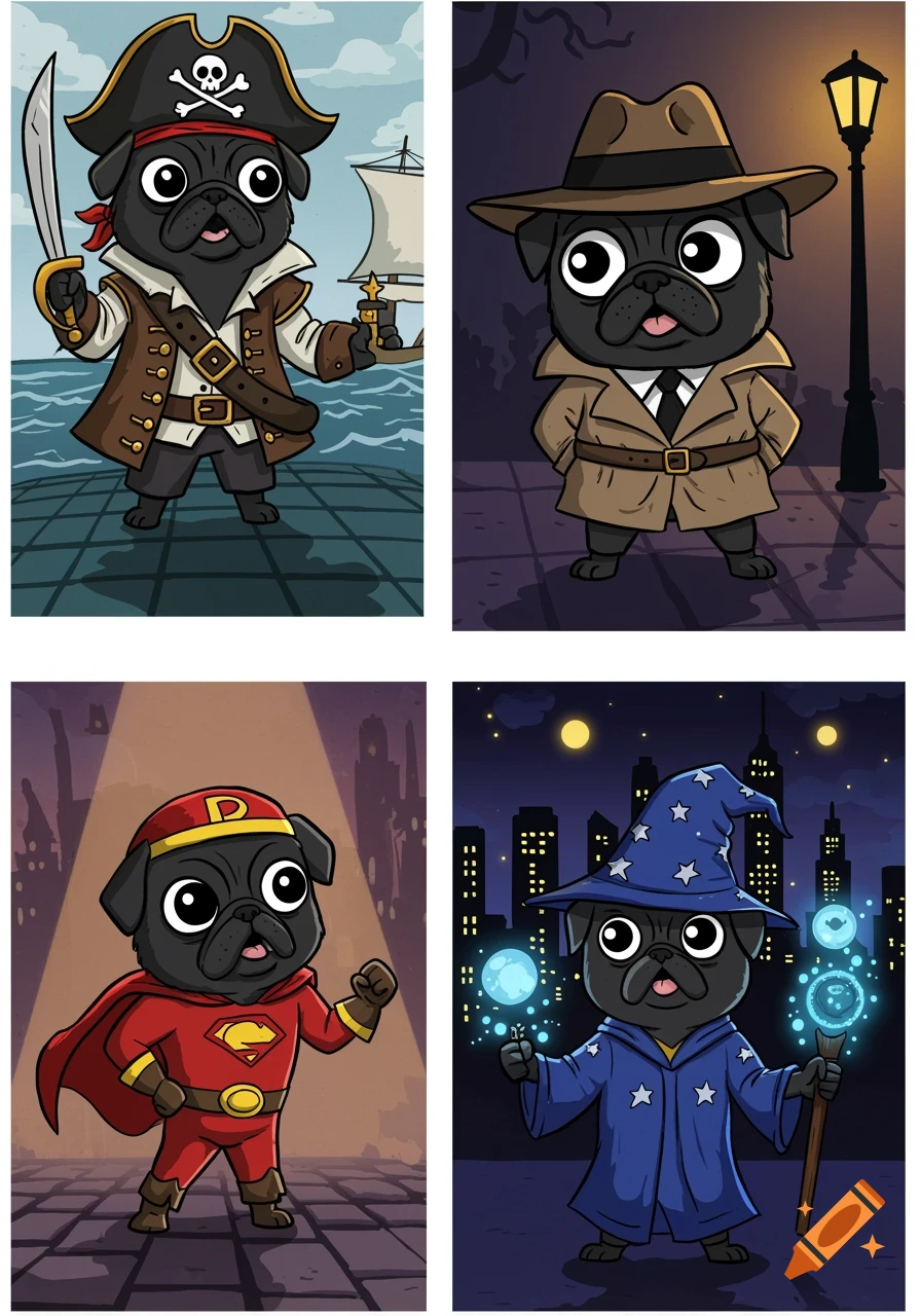 Four cartoon black pugs in different costumes: a pirate, a detective, a superhero, and a wizard.