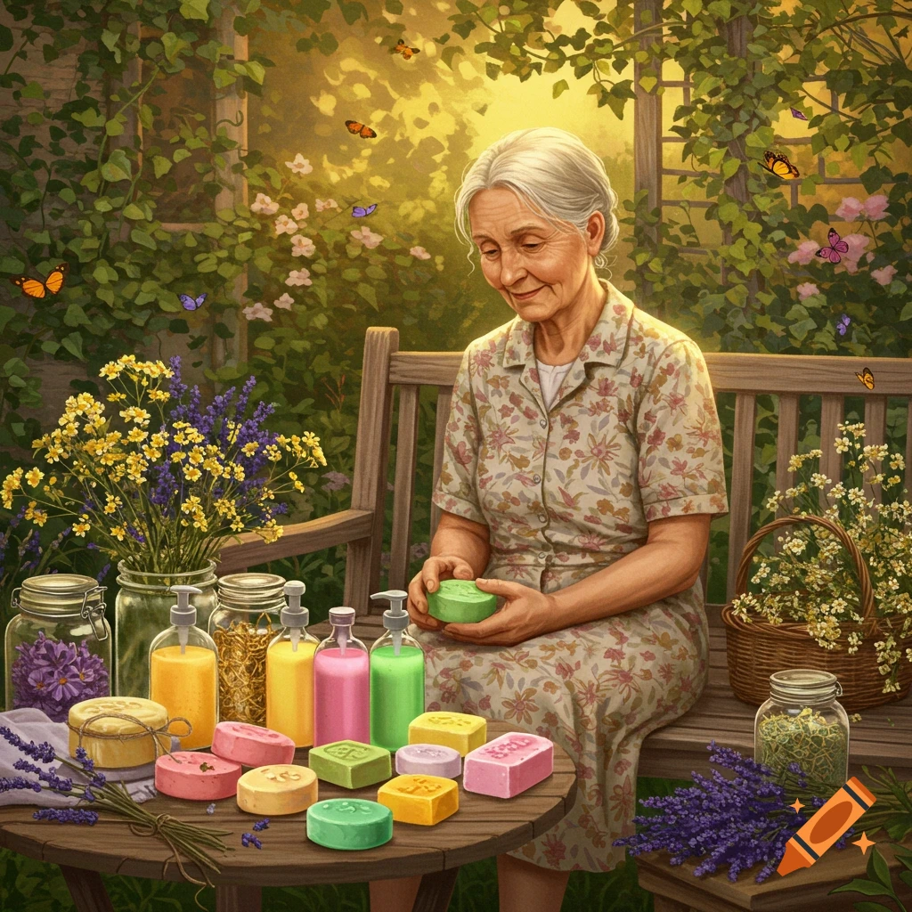 An old woman with grey hair sits on a bench outdoors, looking down at a table filled with colorful soap bars and bottles.